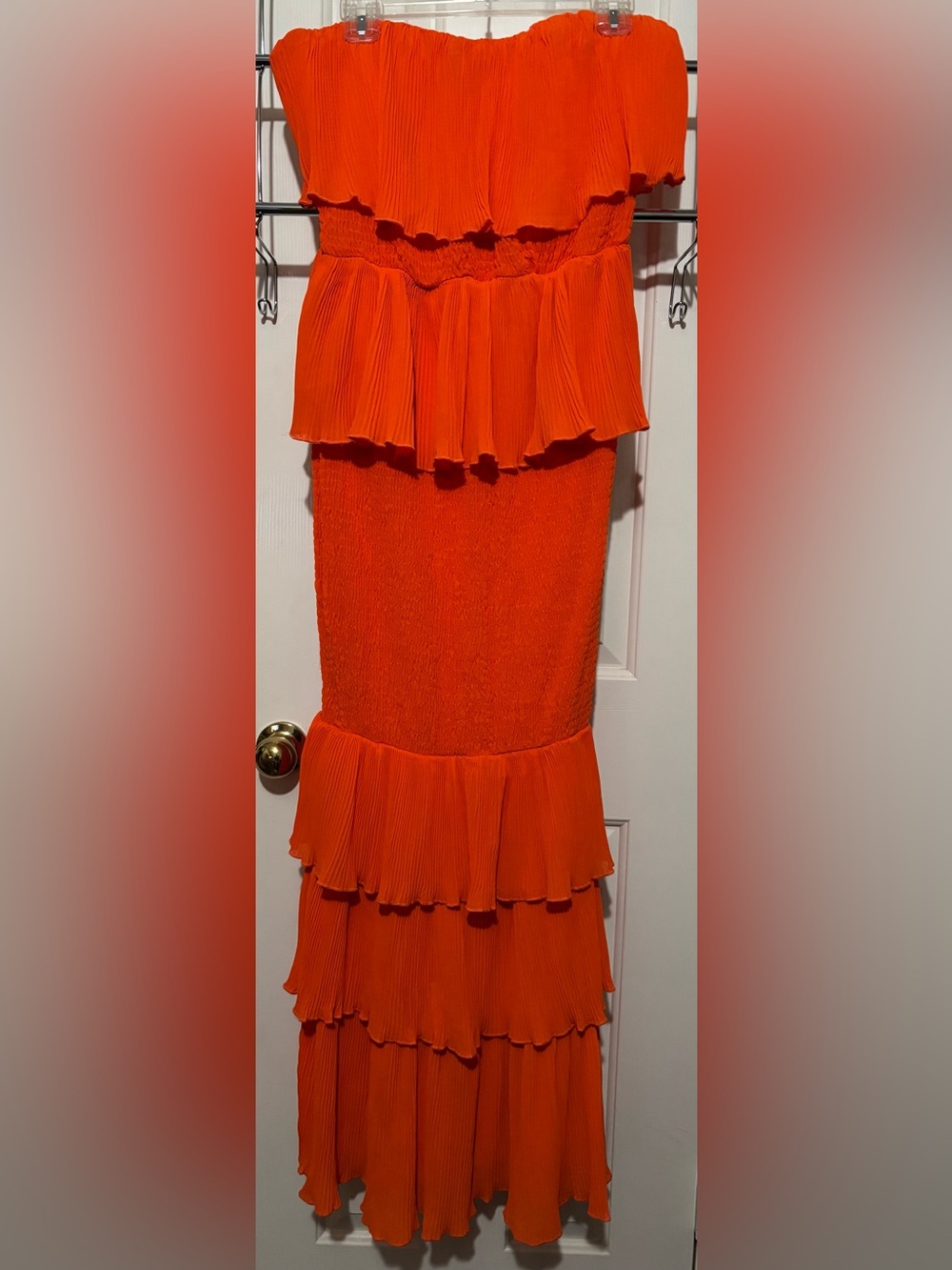 Off-Shoulder Orange Tiered Maxi Dress with Smocked Waist